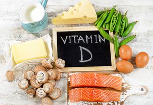 Chalkboard saying “Vitamin D” surrounded by various foods